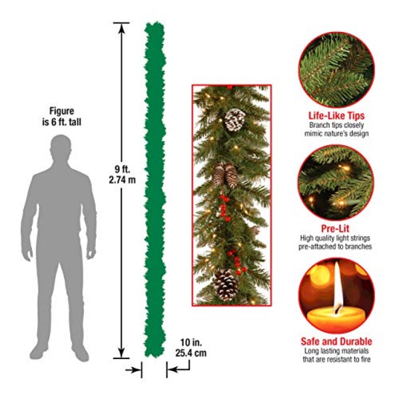 내셔널 트리 컴퍼니(National Tree Company) 인공 크리스마스 센터피스 서리 낀 베리-30인치 및 사전 조명 인공 크리스마스 화환, 녹색, 서리 낀 베리, 흰색 조명, 장식