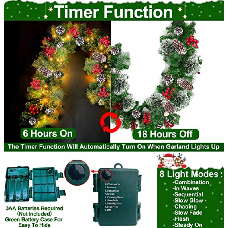 [2팩 + 8가지 모드] 9피트 100 LED 따뜻한 조명 타이머가 있는 예비 조명 눈 덮인 크리스마스 화환 장식 배터리로 구동되는 두꺼운 300가지 가지 198개 눈 덮인 솔방울 18개 크리스마스 장식 실내 실외