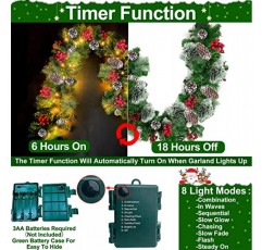 [2팩 + 8가지 모드] 9피트 100 LED 따뜻한 조명 타이머가 있는 예비 조명 눈 덮인 크리스마스 화환 장식 배터리로 구동되는 두꺼운 300가지 가지 198개 눈 덮인 솔방울 18개 크리스마스 장식 실내 실외