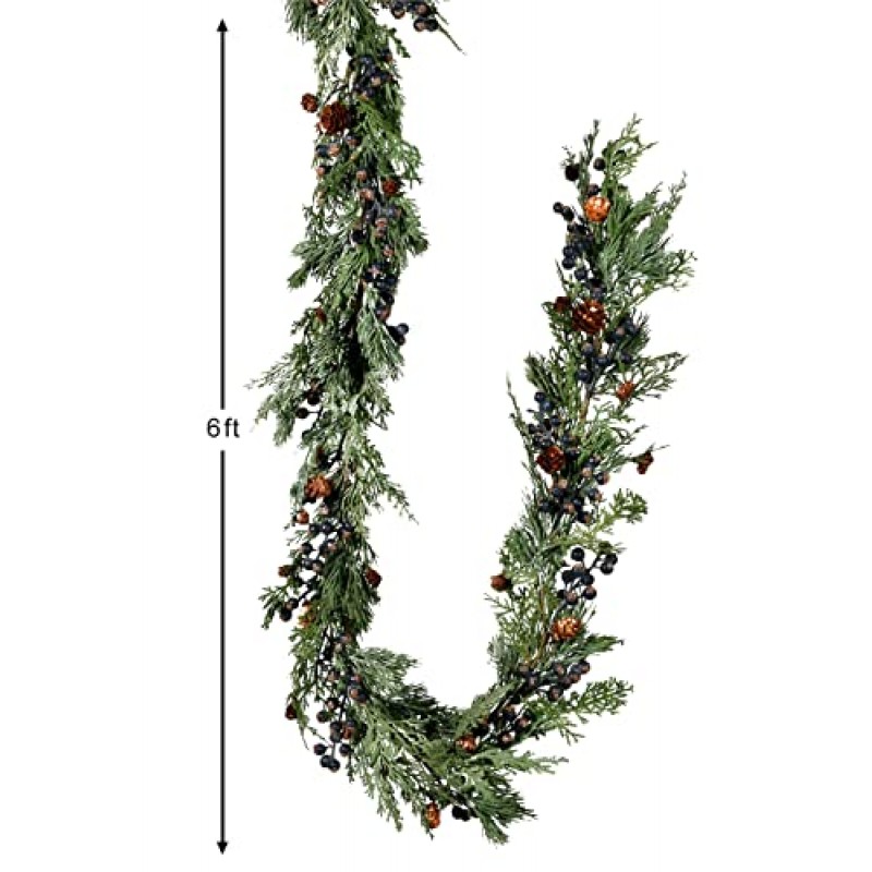 고요한 공간 생활 블루베리 사이프러스 화환, 크리스마스 트리 화환, 휴일 장식, 난간, 계단, 벽난로 벽난로, 현관 장식, 길이 72