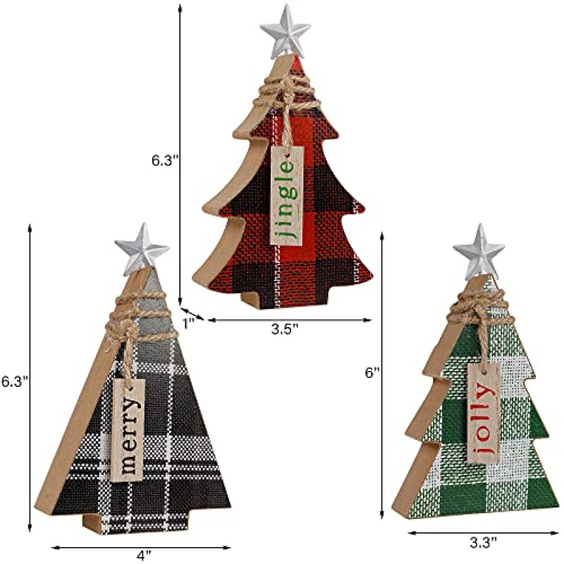 Adroiteet 3 조각 크리스마스 탁상 장식, 스타와 나무 크리스마스 트리 로그인, 버팔로 격자 무늬 크리스마스 계층화 된 트레이 장식품 홈 부엌 사무실 휴일 파티 장식