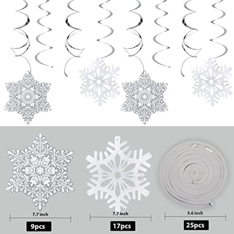 51 Pcs 크리스마스 눈송이 매달려 소용돌이 장식, 화이트 실버 눈송이 장식, 크리스마스 새해 휴일을위한 눈송이 장식품 겨울 원더 랜드 냉동 테마 생일 파티 장식