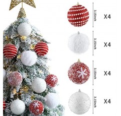 크리스마스 트리 공 장식 세트 16pcs 80mm/3.15inch 빨간색 흰색 빛나는 비산 방지 거품 크리스마스 공 장식품 크리스마스 트리 장식 휴일 장식