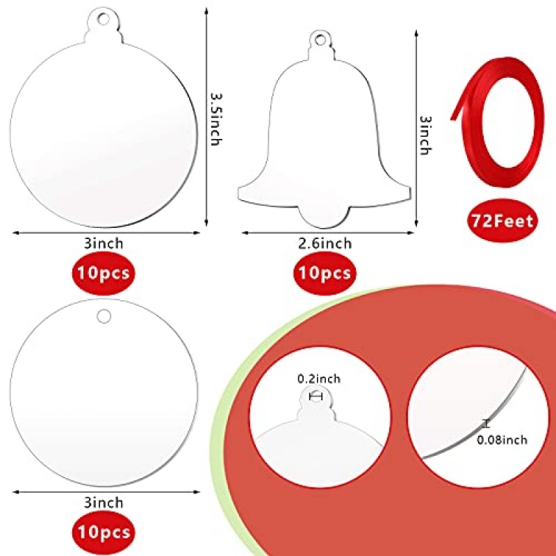 31 조각 빨간 리본으로 투명 아크릴 크리스마스 빈 장식품 아크릴 크리스마스 트리 매달려 장식품 크리스마스 값싼 물건 트리 키 체인 태그 공예 (우아한)에 대한 DIY 지우기 빈 원형 ​​디스크