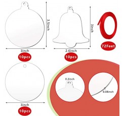 31 조각 빨간 리본으로 투명 아크릴 크리스마스 빈 장식품 아크릴 크리스마스 트리 매달려 장식품 크리스마스 값싼 물건 트리 키 체인 태그 공예 (우아한)에 대한 DIY 지우기 빈 원형 ​​디스크