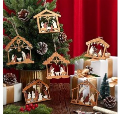 6 Pcs 크리스마스 성탄 장면 장식품 크리스마스 나무 교수형 장식품 집 별 모양의 성탄 장면 장식품 예수의 대량 탄생 기독교 장식 가족을위한 종교 선물 (집 모양)