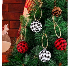 농가 Christams 버팔로 격자 무늬 패브릭 공 장식 크리스마스 장식 용품에 대 한 장식 격자 무늬 공 매달려 (흰색과 검은색, 빨간색과 검은색, 12 조각)