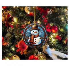 크리스마스 트리 장식을 위한 스테인드 글라스 눈사람 세라믹 장식품, 스테인드 글라스 패턴의 크리스마스 라운드 매달려 장식품, 가정 장식을 위한 크리스마스 눈사람 장식품