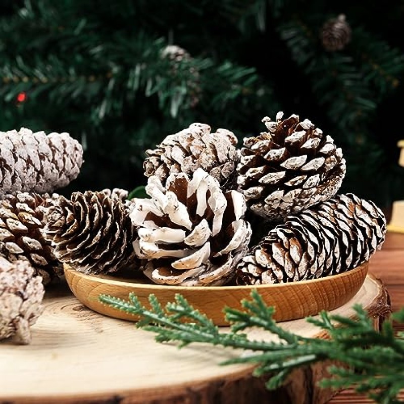 JOHOUSE 40PCS 장식을위한 눈 Pinecones, 공예품을위한 천연 소나무 콘 크리스마스 트리를위한 크리스마스 소나무 콘 장식품 겨울 휴가 매달려 장식품