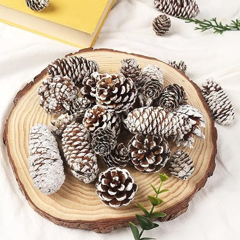 JOHOUSE 40PCS 장식을위한 눈 Pinecones, 공예품을위한 천연 소나무 콘 크리스마스 트리를위한 크리스마스 소나무 콘 장식품 겨울 휴가 매달려 장식품