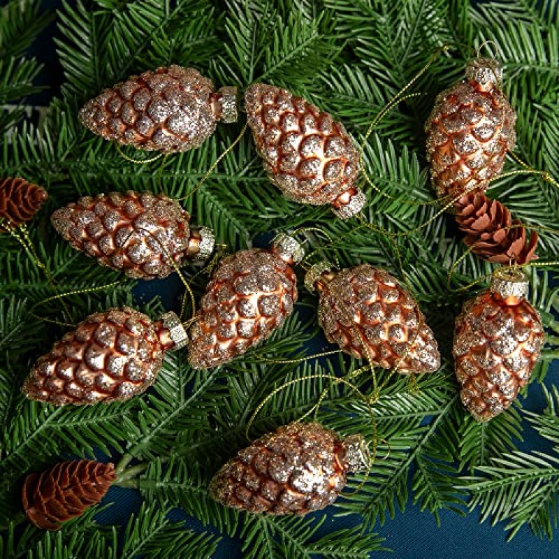 Watayo 12 Pcs 크리스마스 Pinecone 유리 장식품 - 가을 교수형 소나무 콘 페인트 유리 장식품 - 반짝이 Pinecone 크리스마스 장식품 크리스마스 트리 DIY 공예품 가을 추수 감사절 장식