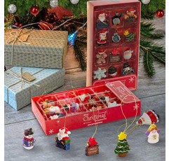 미니 레진 크리스마스 장식품 24개 세트 - 소박한 크리스마스 장식 - 소형 미니어처 크리스마스 트리 장식품 - 산타 눈사람 진저브레드 엔젤 - 선물 상자가 포함된 작은 크리스마스 트리 장식!