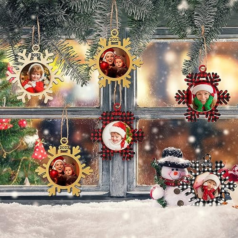 12 조각, 눈송이 매달려 사진 프레임, 나무, 크리스마스 기념일 장식을위한 크리스마스 트리 장식