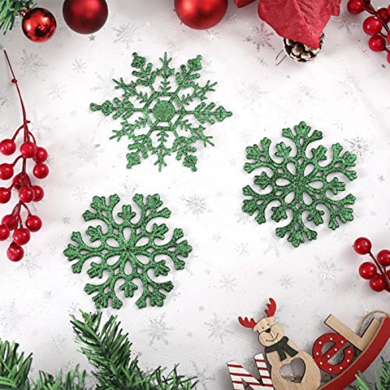 30PCS 크리스마스 반짝이 눈송이 장식품 플라스틱 눈송이 장식품 - 크리스마스 트리 장식, 4.7 인치 (녹색)