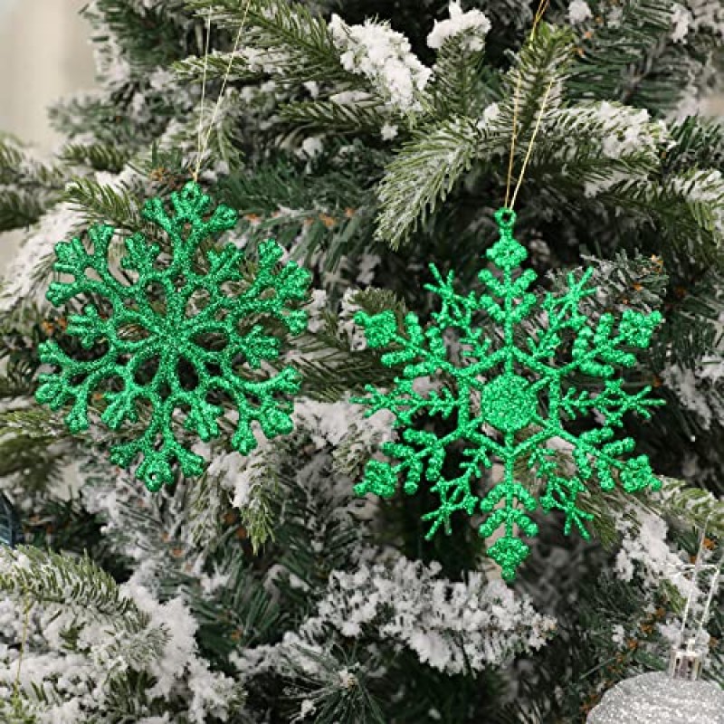 30PCS 크리스마스 반짝이 눈송이 장식품 플라스틱 눈송이 장식품 - 크리스마스 트리 장식, 4.7 인치 (녹색)