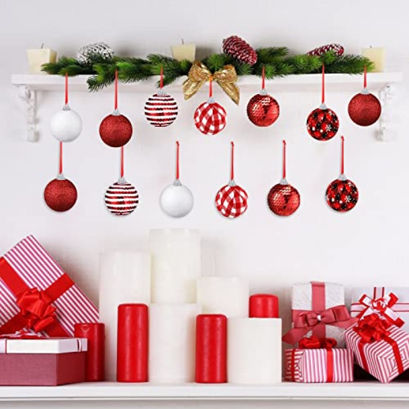 12 조각 크리스마스 버팔로 격자 무늬 공 장식품 크리스마스 트리 장식품 반짝이 장식 조각 패브릭 크리스마스 트리 장식 휴일 파티 웨딩 장식 (우아한)에 대한 장식 매달려 공 포장
