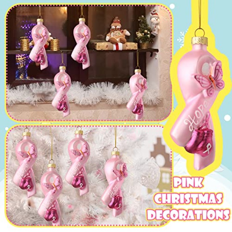 4 조각 유방암 인식 핑크 리본 유리 불어 장식 장식 크리스마스 트리에 대한 유방암 장식품 매달려 파티를위한 나비 장갑과 핑크 희망 리본 장식