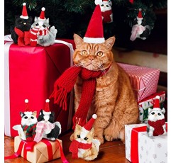 6 세트 다채로운 스카프, 미니 얼룩 무늬 크리스마스 트리 휴일 매달려 장식 크리스마스 고양이 장식품 크리스마스 트리 장식을위한 산타 모자와 장식 인공 모피 새끼 고양이 장식품