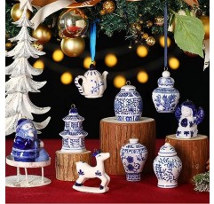 Crowye 9 Pcs Chinoiserie 도자기 크리스마스 장식품 파란색과 흰색 크리스마스 장식 미니 Chinoiserie 도자기 생강 항아리 크리스마스 트리 장식 빈티지 크리스마스 장식 (생강 항아리)