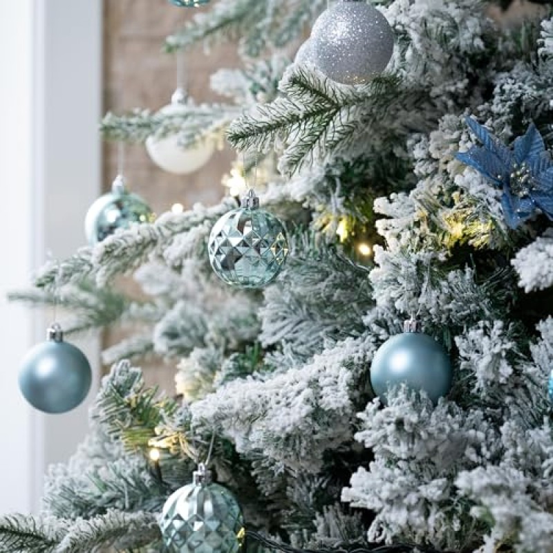 Valery Madelyn 크리스마스 트리 장식품, 50ct 라이트 블루 및 실버 비산 방지 크리스마스 공 장식 세트, 2.36 인치 해안 바다 매달려 나무 장식 크리스마스 휴일 파티 장식 대량