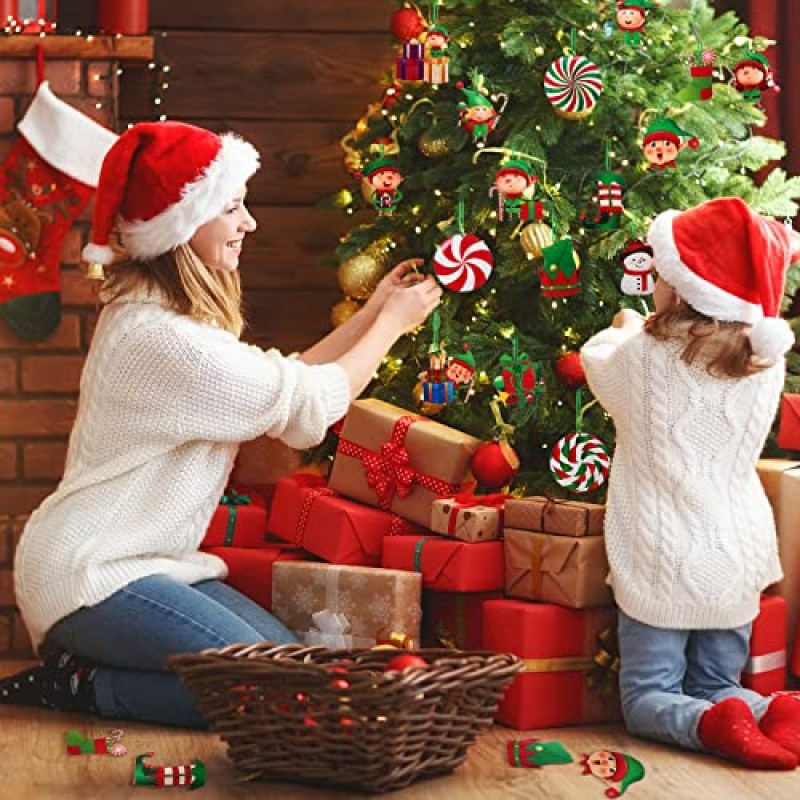 32 조각 엘프 크리스마스 트리 장식품 세트, 다채로운 사탕 라운드 롤리팝 크리스마스 스타킹 눈사람 엘프 피트 슬리퍼, 엘프 파티 크리스마스 트리 장식을위한 모자 나무 장식품