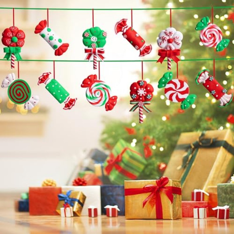 Moonoom 12 조각 크리스마스 롤리팝 장식품, 크리스마스 사탕 폴리머 클레이 장식품, 크리스마스 장식 사탕 지팡이 장식, 과자 캔디 펜던트 크리스마스 트리 파티 용품
