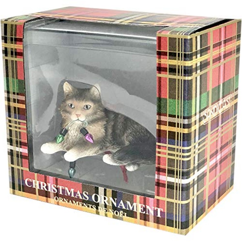 Sandicast 브라운 태비 메인 쿤 고양이 크리스마스 조명 포함 크리스마스 장식품, 멀티 컬러(XSO33901)