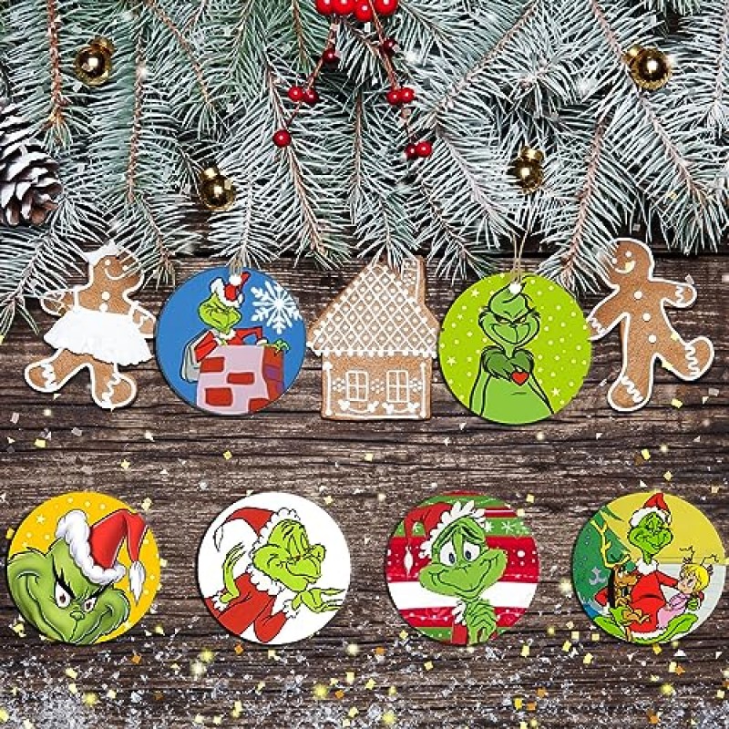 24pcs 크리스마스 Grinch 나무 장식품 크리스마스 나무 Grinch Decors Christmashanging 로그인 그놈 장식품 크리스마스 트리 홈 장식에 대 한 밧줄으로 펜 던 트