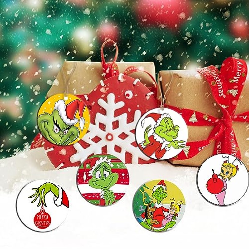 24pcs 크리스마스 Grinch 나무 장식품 크리스마스 나무 Grinch Decors Christmashanging 로그인 그놈 장식품 크리스마스 트리 홈 장식에 대 한 밧줄으로 펜 던 트