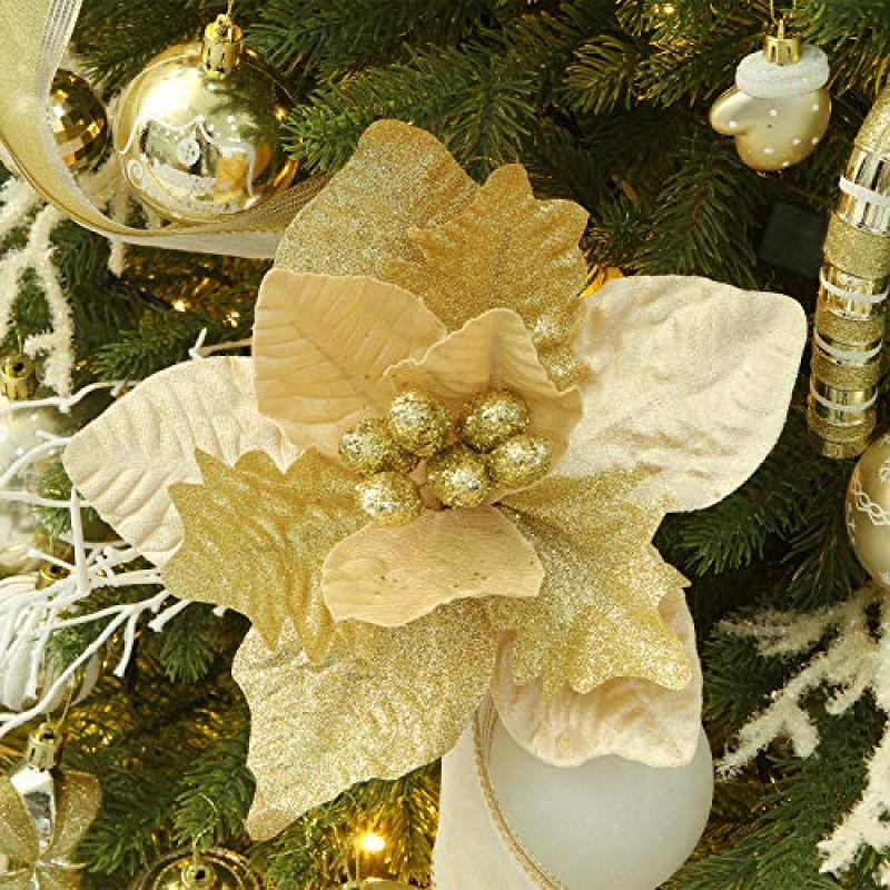 Sea Team 6팩 인공 반짝이 포인세티아 크리스마스 꽃 장식품 트리 장식, 10인치, 골드