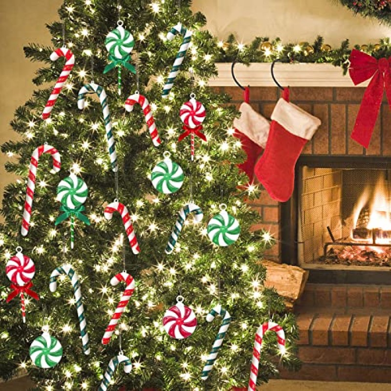 50PCS 사탕 지팡이 크리스마스 트리 장식 빨간색과 녹색 사탕 크리스마스 트리 매달려 장식품, 3 스타일 크리스마스 파티 크리스마스 홈 인테리어에 대한 플라스틱 사탕 CaneThemed 크리스마스 트리 장식품