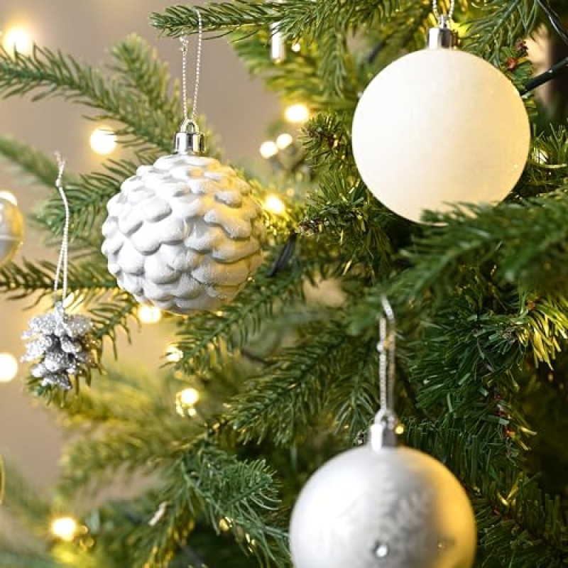 Valery Madelyn 크리스마스 트리 장식 세트, 70ct 흰색 및 은색 비산 방지 크리스마스 공 장식품 대량, 겨울 원더랜드 숲 크리스마스 트리 장식품 크리스마스 휴일 장식