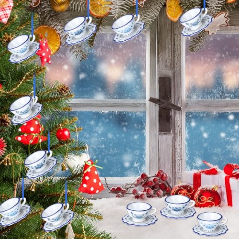 Chinoiserie 장식품 도자기 블루 장식품 크리스마스 매달려 펜던트 장식 매달려 장식품 크리스마스 트리 장식(컵 스타일, 9개 조각)