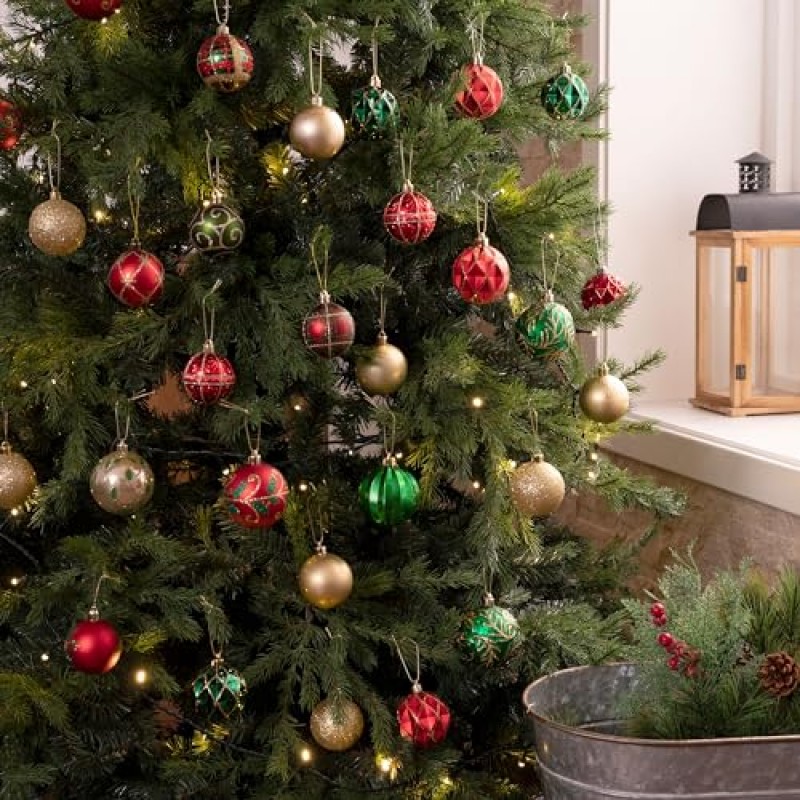 Valery Madelyn 크리스마스 공 장식품, 35ct 빨간색 녹색 및 금색 비산 방지 크리스마스 트리 장식 세트, 2.36 인치 크리스마스 나무 대량 휴일 장식을위한 전통적인 국가 매달려 장식품