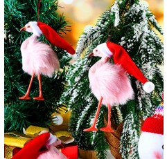 산타 모자에있는 Jexine 핑크 플라밍고 3 조각 크리스마스 휴일 장식품 매달려 플라밍고 선물 깃털 휴일을위한 장식 핑크 크리스마스 장식 크리스마스 나무 장식품