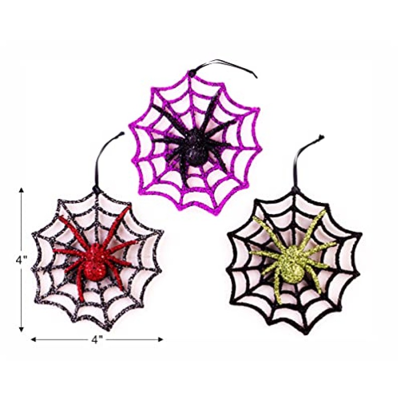 크리스마스 전통 12 Pcs 4 인치 3D 반짝이는 할로윈 거미 장식품 웹 문/창/벽, 실내/실외 사용 파티 장식 3 색 asst