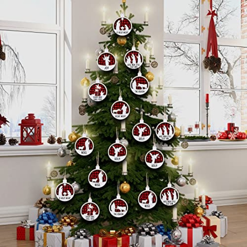 기독교 크리스마스 장식품 출생 장면 3D 종교 장식품 교수형 나무 크리스마스 트리 장식품 예수 테마 라운드 장식의 나무 빈티지 탄생 (빨간색, 검은 색, 24 개)