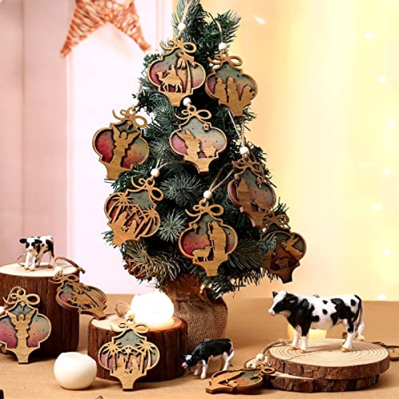 BBTO 16 Pcs 성탄 장면 장식품 종교적인 크리스마스 나무 교수형 장식품 3D 성탄절 장식품 예수의 탄생 색깔의 배경 나무가있는 기독교 크리스마스 장식 크리스마스 가족