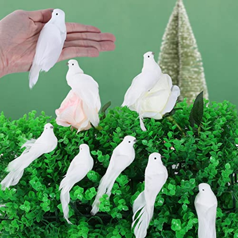 12 Pcs 인공 흰색 비둘기, 클립과 크리스마스 비둘기 새, 크리스마스 트리 장식품을위한 인공 조류, 시뮬레이션 거품 깃털 새, 홈 웨딩 장식을위한 흰색 깃털 미니 새