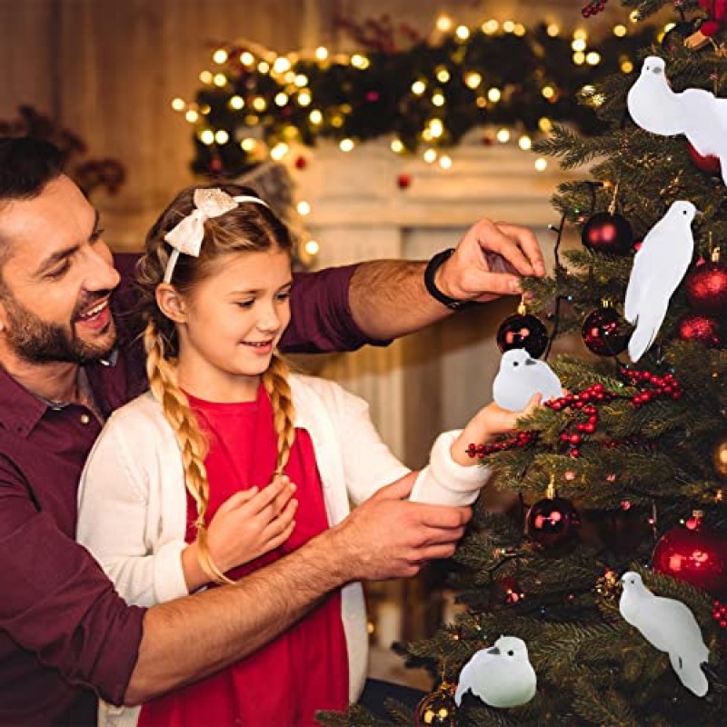 12 Pcs 인공 흰색 비둘기, 클립과 크리스마스 비둘기 새, 크리스마스 트리 장식품을위한 인공 조류, 시뮬레이션 거품 깃털 새, 홈 웨딩 장식을위한 흰색 깃털 미니 새