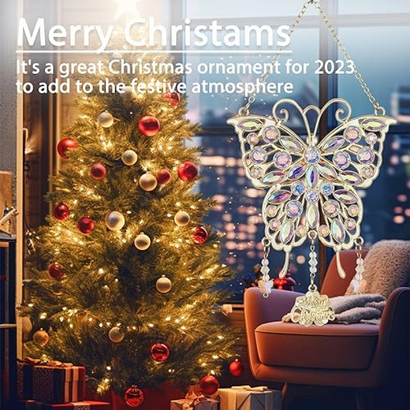 VIVIKEN 크리스마스 나비 장식품 2023 장식 매달려 라인 석 금속 나비 장식 크리스마스 트리 창 홈 장식, 여성을위한 빛나는 나비 선물, 엄마-골드