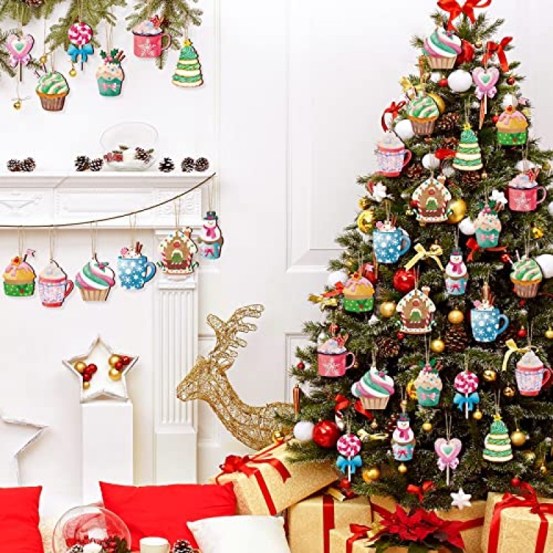 BBTO 36 조각 크리스마스 장식품 컵케이크 사탕 로프가 있는 나무 장식품 크리스마스 매달려 장식 핫 코코아 디저트 나무 장식품 커피 바 장식품 트리 홈을 위한 나무 크리스마스 장식