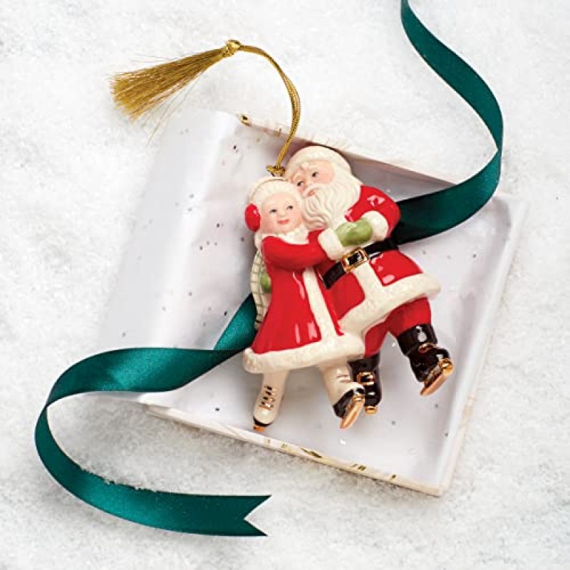 레녹스 아이스 스케이팅 산타와 산타 부인 장식품, 0.50 LB, 크리스마스용 레드 & 그린
