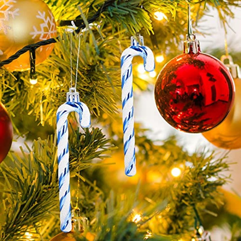 GWHOLE 12 Pcs 크리스마스 블루 사탕 지팡이 장식품 반짝이 트위스트 플라스틱 사탕 지팡이 크리스마스 트리 매달려 장식품 파티 장식