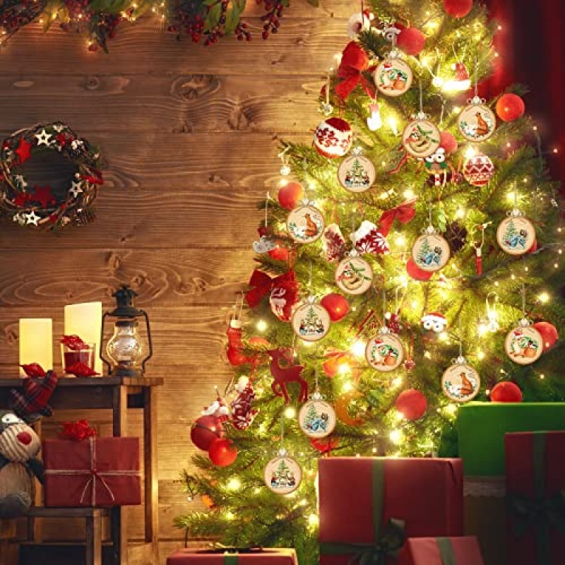 Geosar 20 조각 나무 숲 동물 크리스마스 장식 라운드 귀여운 동물 크리스마스 트리 장식 조각 밧줄과 Bowknot 크리스마스 트리 홈 파티 베이비 샤워 장식