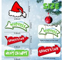 크리스마스 트리 장식, 4Pcs Grinch 크리스마스 장식 매달려 Whoville 나무 표지판에 오신 것을 환영합니다 겨울 크리스마스 모피 Grinch의 은신처 테마 파티 호의 용품을위한 크리스마스 트리 장식