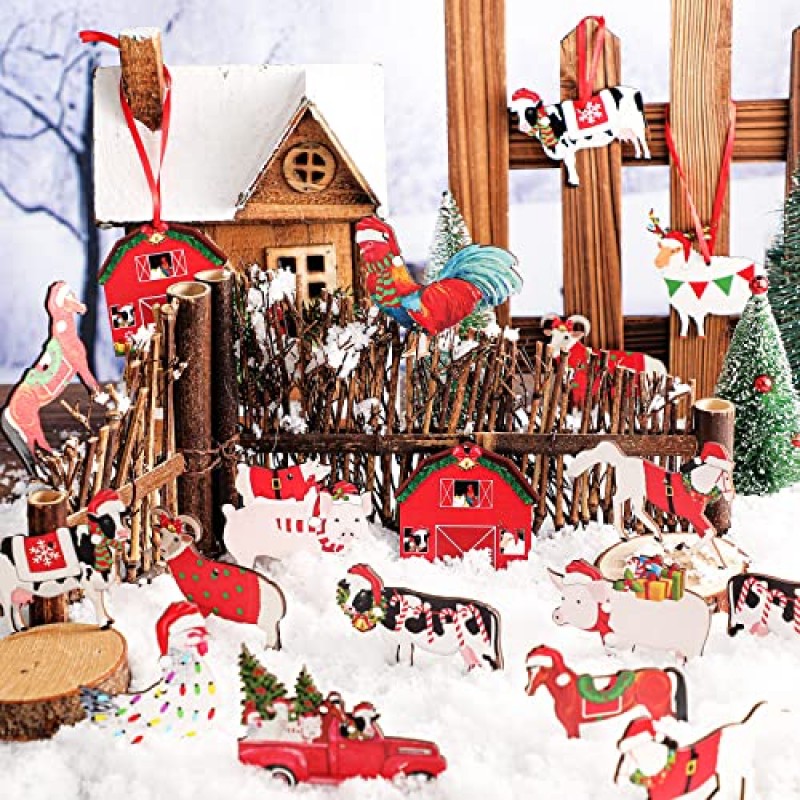 24 PC 나무 농장 동물 크리스마스 장식품 목조 크리스마스 농가 소박한 장식품 매달려 빨간색 트럭 크리스마스 트리 장식 암소 돼지 소박한 크리스마스 장식 장식품 크리스마스 나무 공예품