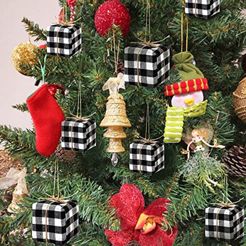 24 조각 버팔로 격자 무늬 크리스마스 트리 장식품 작은 선물 상자 장식 매달려 미니 선물 상자 크리스마스 크리스마스 트리 파티 장식용 장식품 매달려 (흑백, 격자 무늬 스타일)