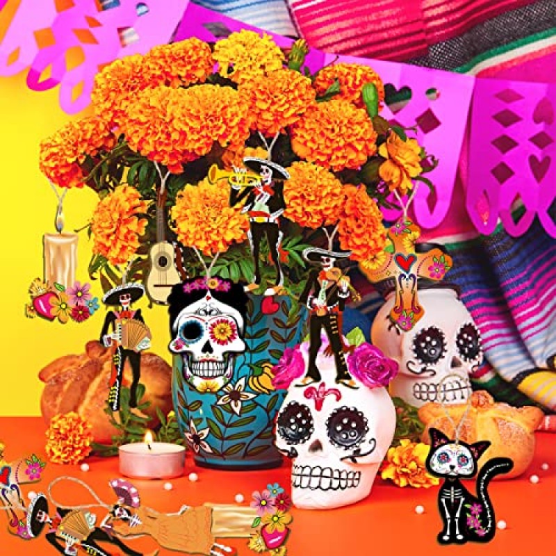 CMUSKO Dia De Los Muertos 장식-30Pcs 죽은 나무 장식품의 날 설탕 두개골 매달려 나무 기호, 할로윈 나무 장식품 멕시코 축제 죽은 장식의 날