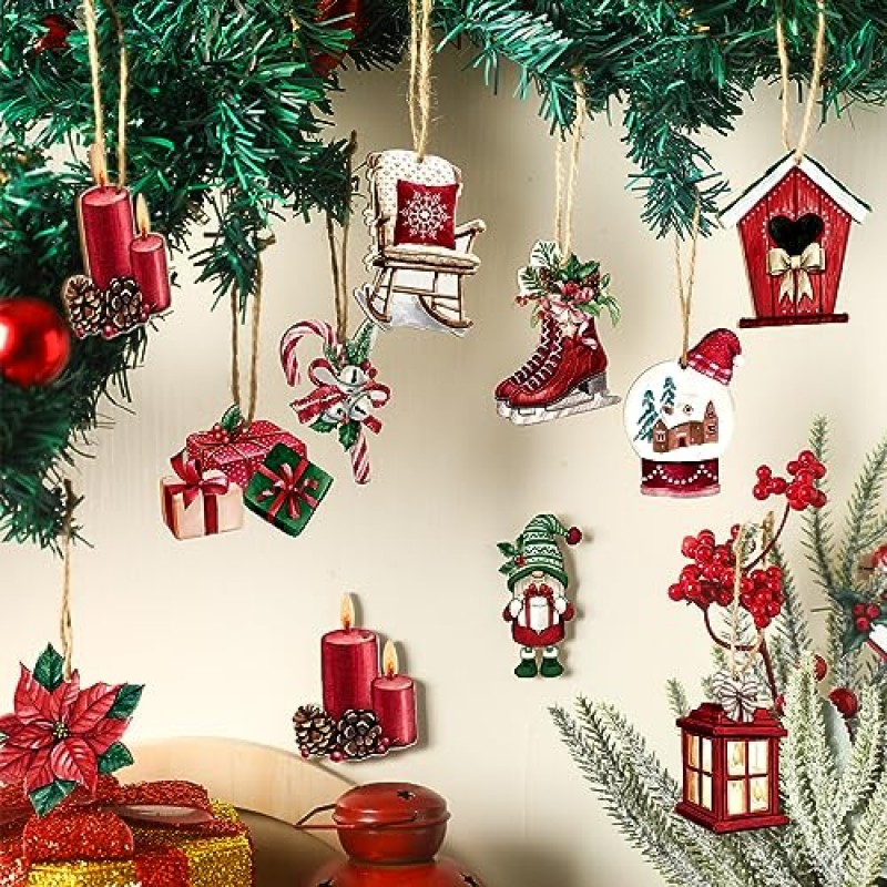 36 조각 크리스마스 트리 매달려 장식 Christma 빈티지 나무 산타 클로스 어린이 빨간 트럭 매달려 장식 겨울 크리스마스 파티 장식 (세련된 스타일)에 대 한 밧줄으로 크리스마스 나무 소박한 태그